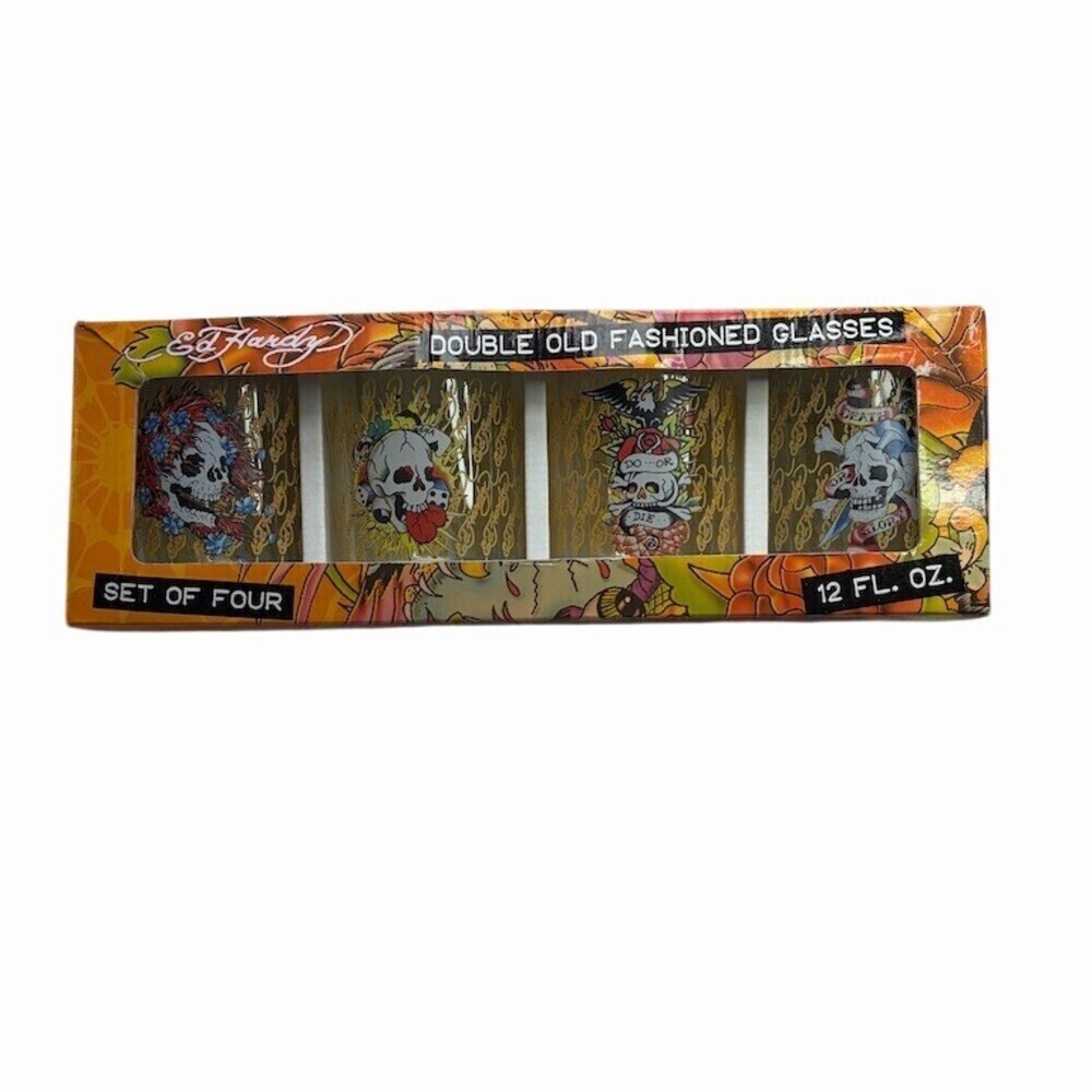 Ed Hardy Double Old Fashioned Rocks Glasses Set of 4 Skull Tattoo Box